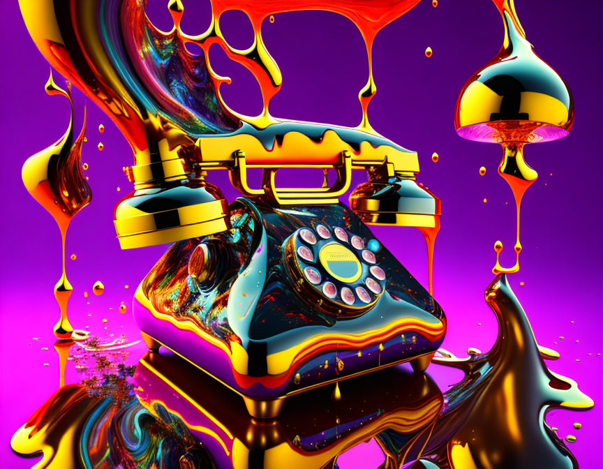 Colorful Psychedelic Artwork: Melting Rotary Phone on Pink and Purple Background