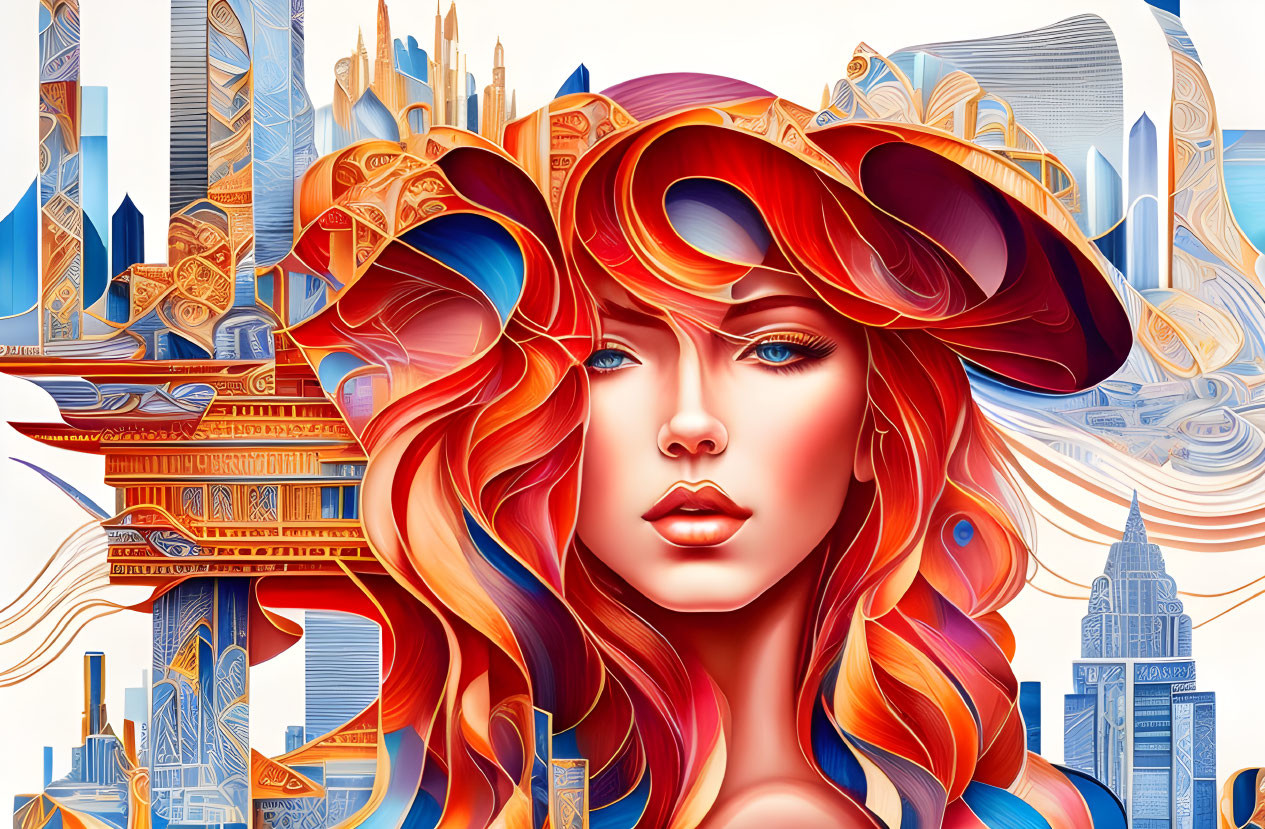 Colorful digital artwork: stylized woman with red hair and hat, merging with abstract cityscape