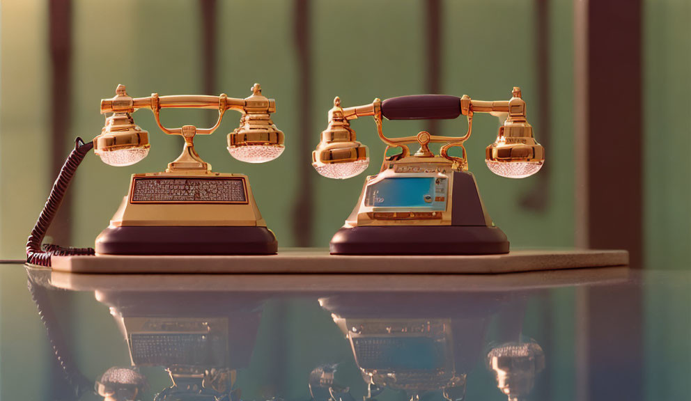 Vintage Gold Rotary Phones on Green Curtain Background