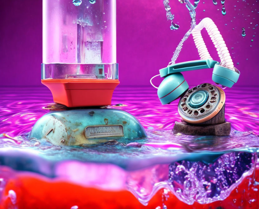 Vintage rotary phone and levitating beaker in water splash on purple background