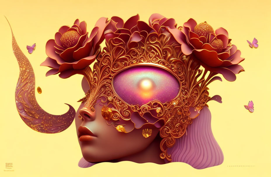 Face illustration with gold floral details and cosmic eye on yellow background.