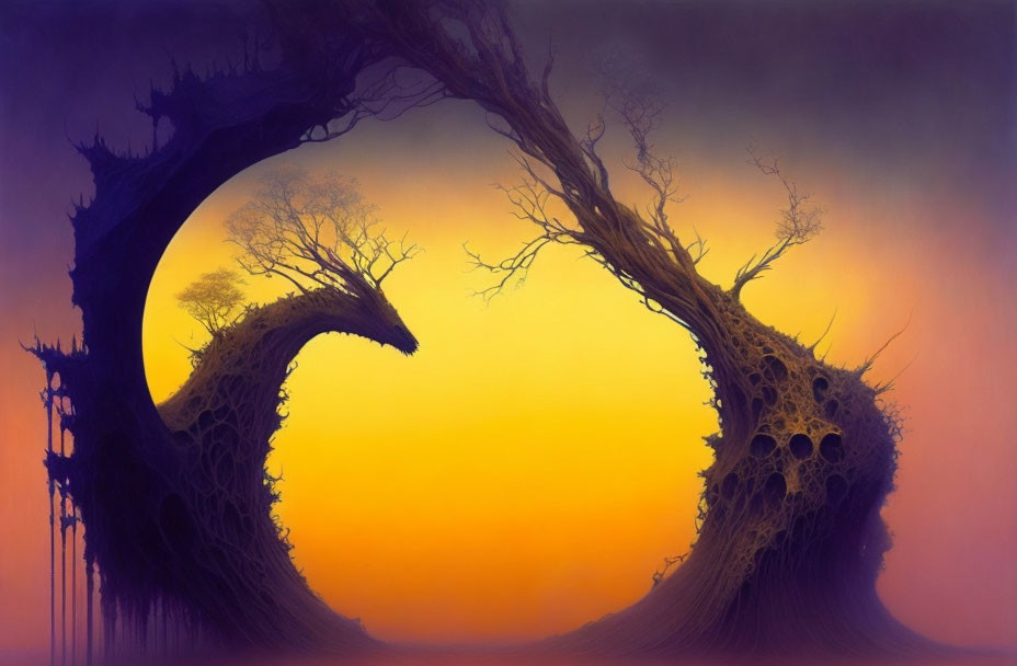 Symmetrical tree-like archway in fantasy landscape at sunset