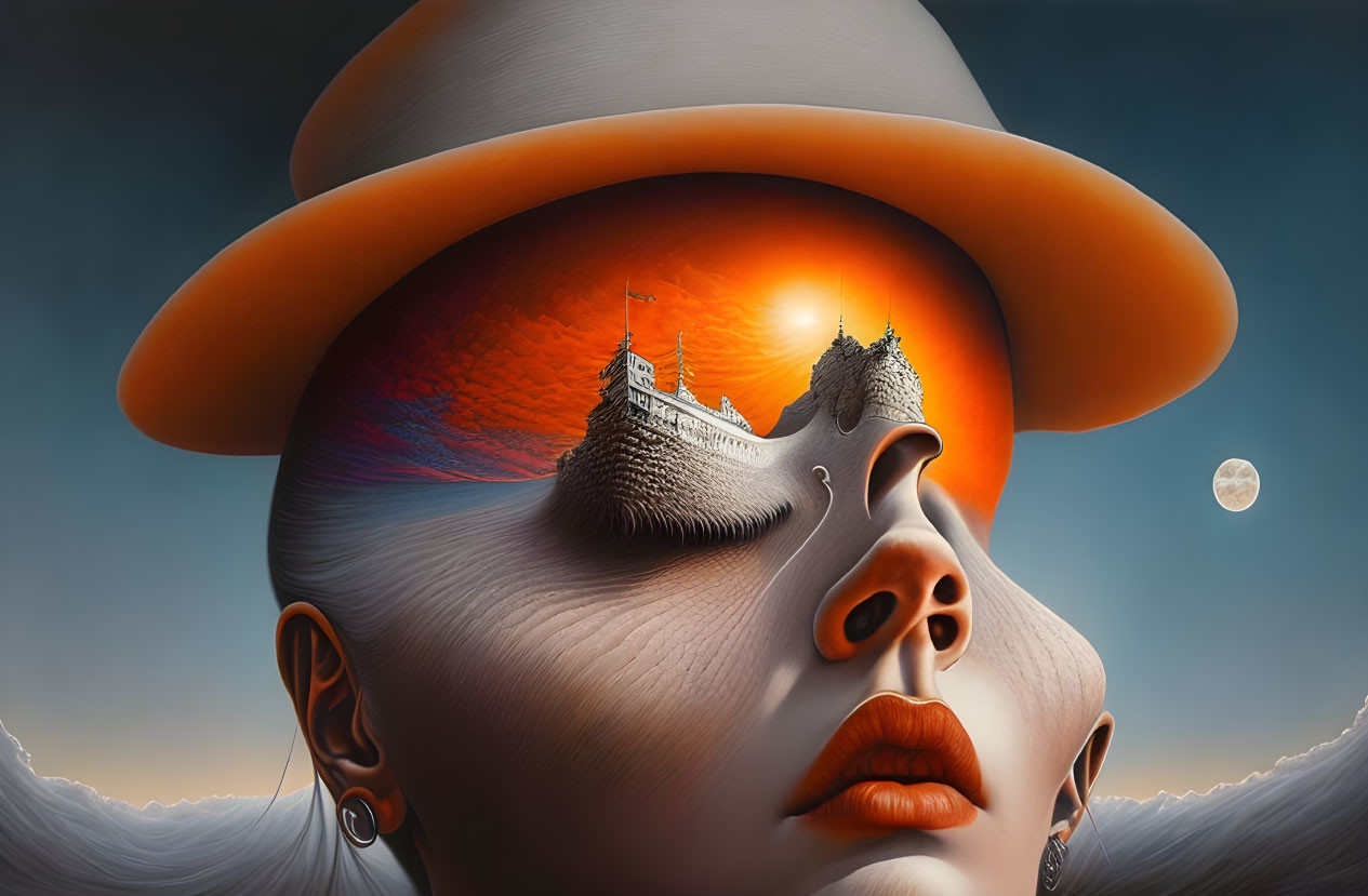 Surreal artwork: Woman's face merges with sunset landscape