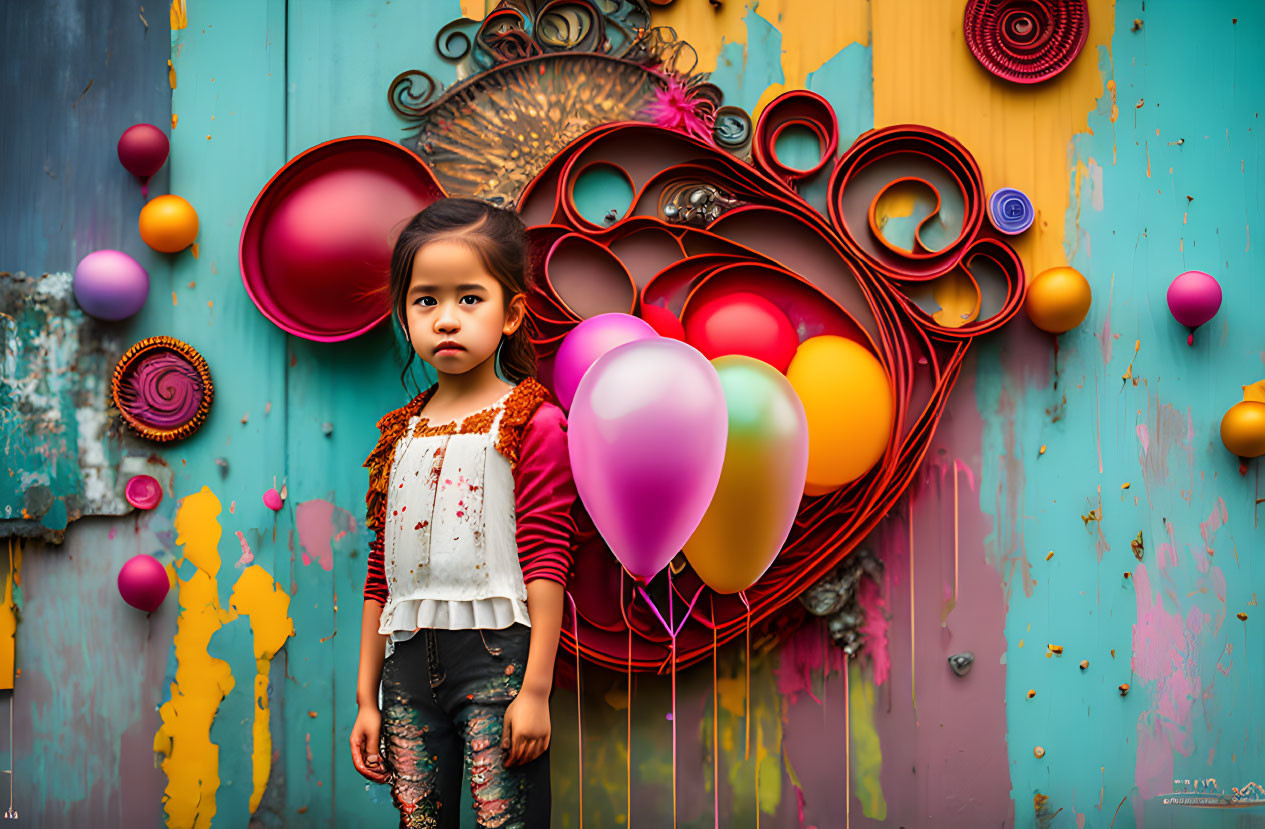 Serious young girl with colorful balloons in front of vibrant backdrop