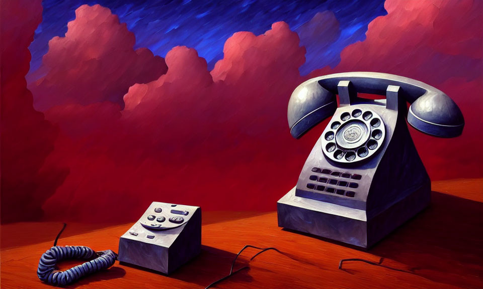 Vintage rotary phone and modern push-button phone on red surface under blue sky