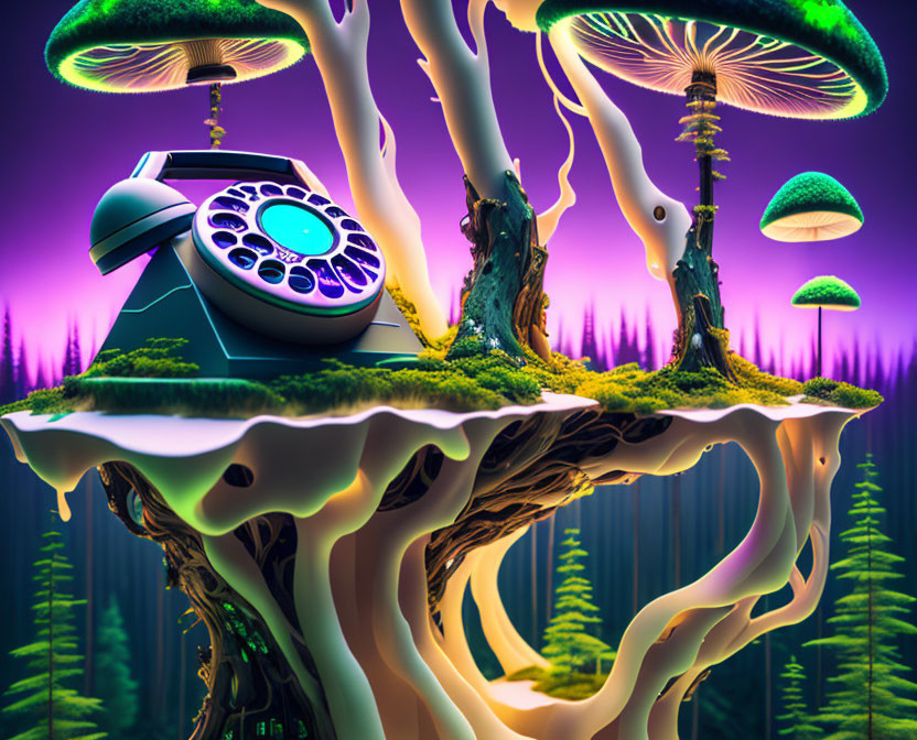 Surreal landscape with mushroom trees and floating islands at twilight