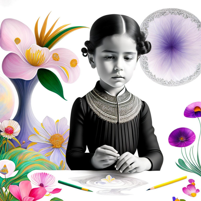 Monochrome portrait of girl drawing amid colorful flowers and pencils