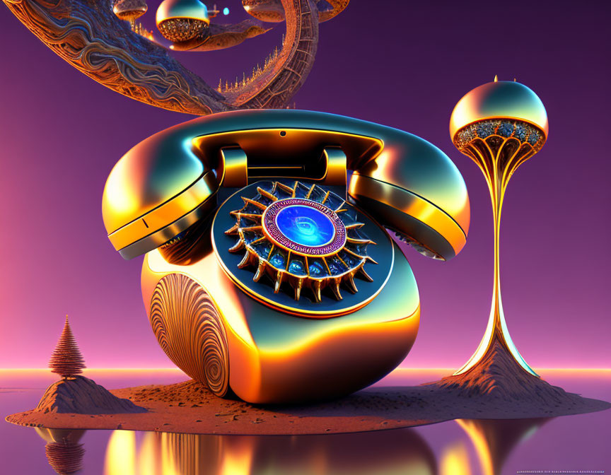 Colorful surreal illustration of retro telephone with eye, geometric shapes, and spires