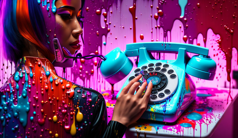 Woman dialing retro telephone in vibrant, paint-dripped setting