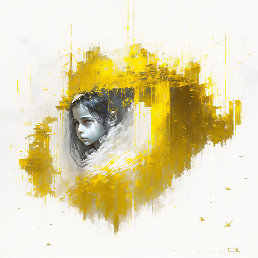 Young girl portrait with yellow and white brushstrokes and bird silhouettes