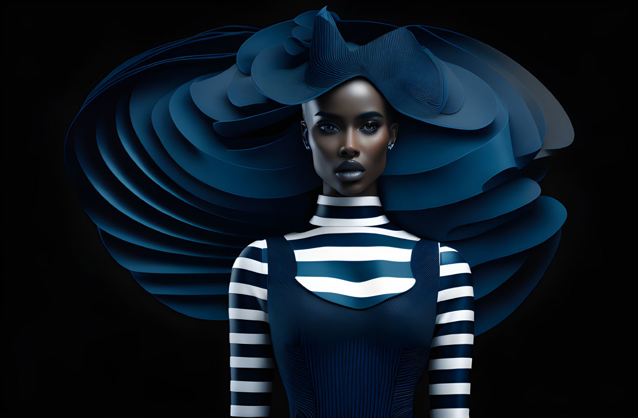 Futuristic digital artwork of woman with swirling hair and striped clothing