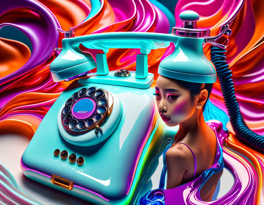 Colorful surreal image: woman with purple lipstick and retro turquoise phone on swirling background