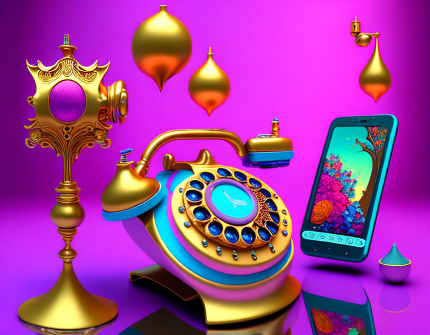 Colorful surreal setup with vintage phone, lamps, baubles, smartphone, and flowers on purple