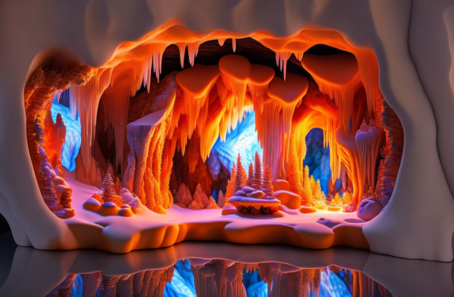 Fantasy cave digital illustration with orange walls and glowing ice formations