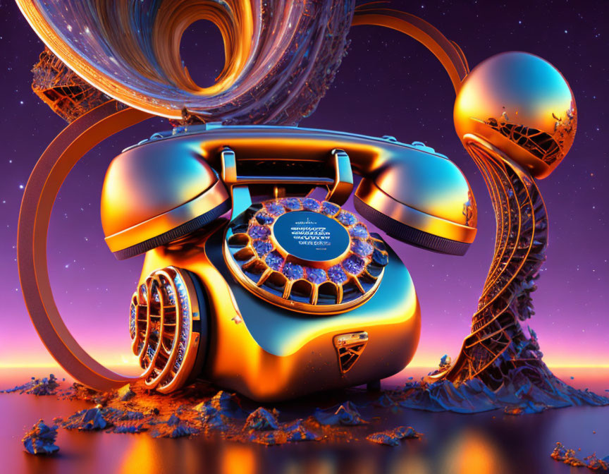 Surreal vintage rotary phone illustration with cosmic backdrop