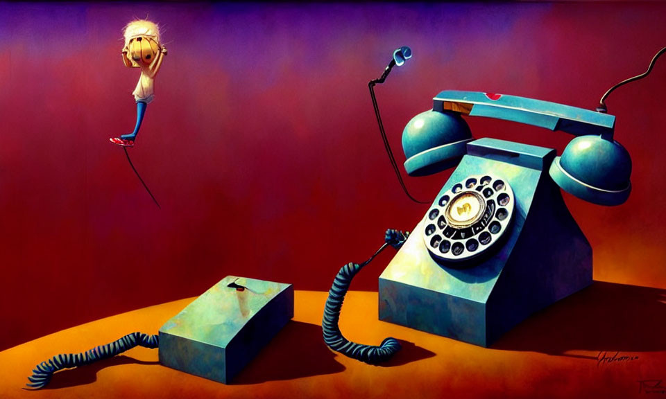 Surreal painting of floating vintage blue rotary phone being cut by scissors