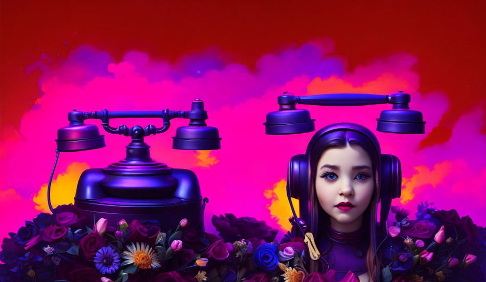 Surreal image of girl with headphones in floral, cloud, and telephone setting on red background