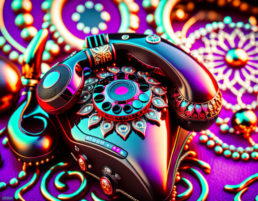 Colorful Psychedelic Rotary Phone Illustration with Elaborate Patterns