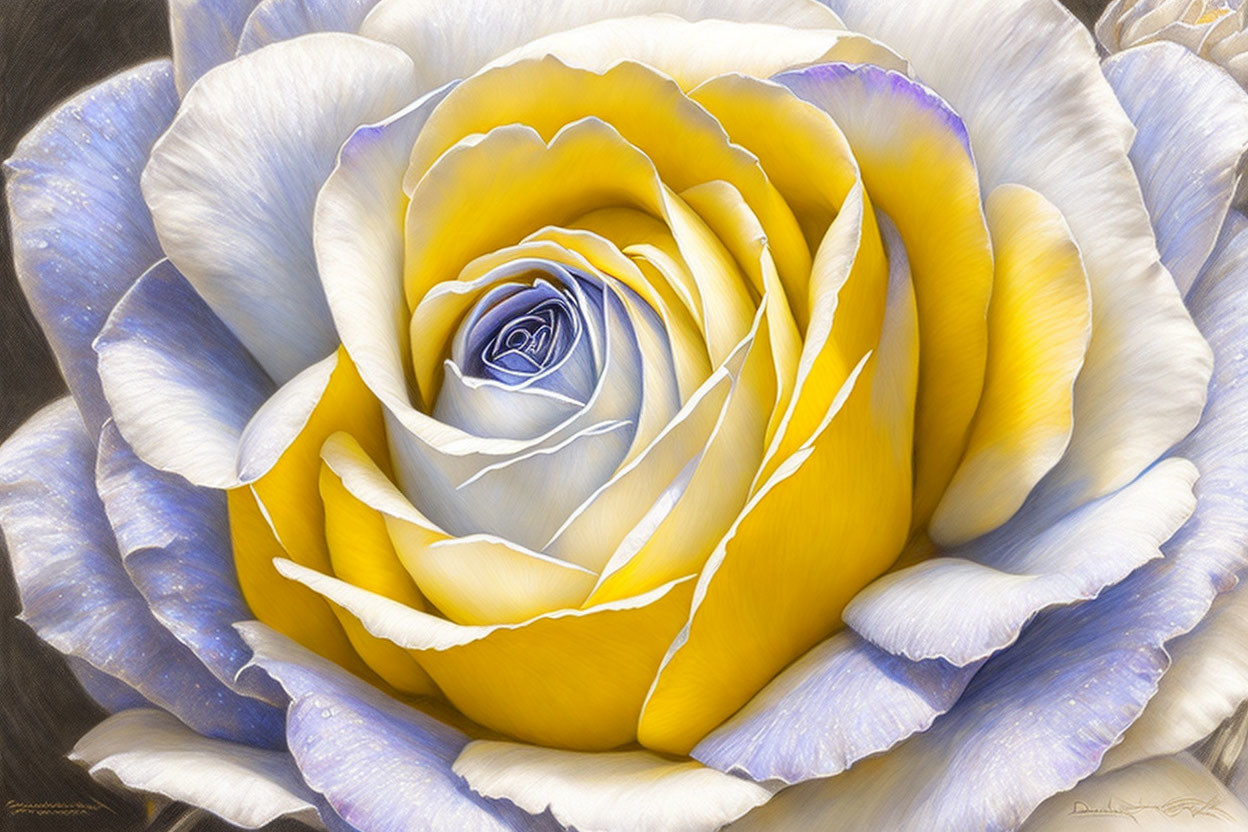 Close-up Digital Art: Yellow Rose with Blue Edges, Detailed Texture