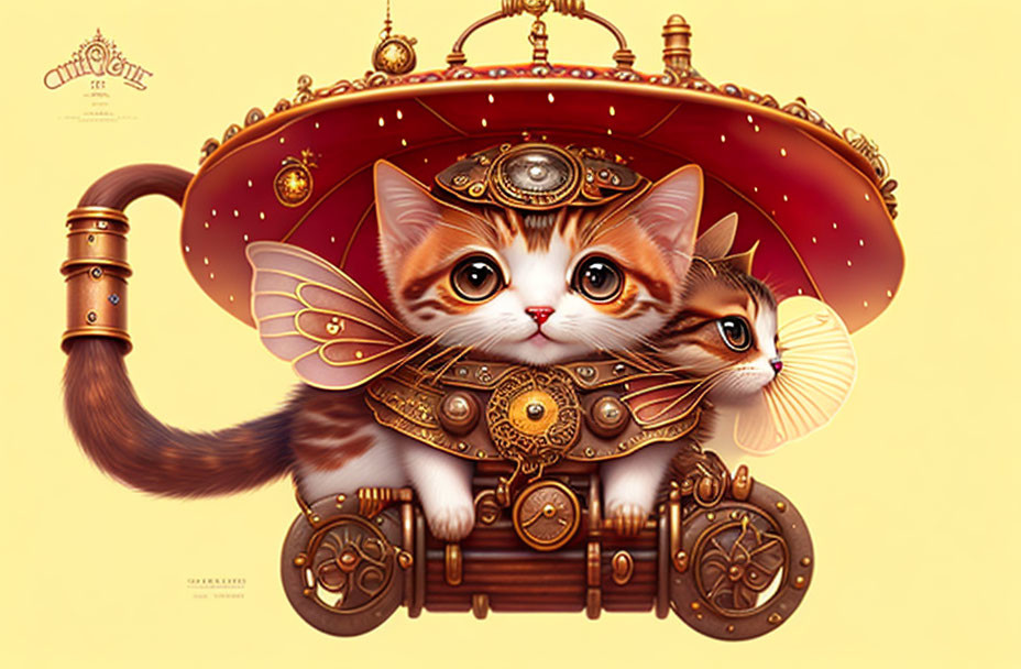 Stylized steampunk cats with mechanical wings and gears in front of ornate flying apparatus