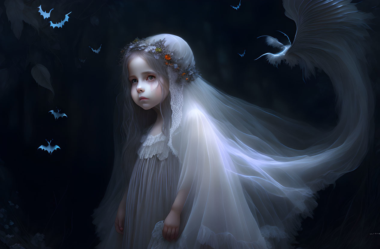 Young girl in white gown amidst dark forest with bats and ethereal bird.