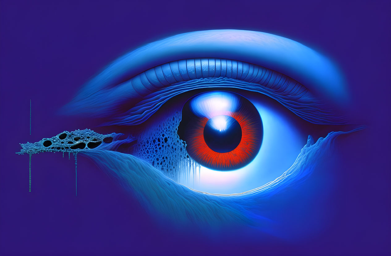 Vivid blue and orange surreal human eye artwork