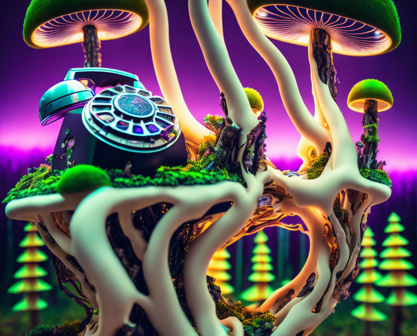 Vibrant digital art: Glowing oversized mushrooms, futuristic buildings in neon-lit fantasy forest