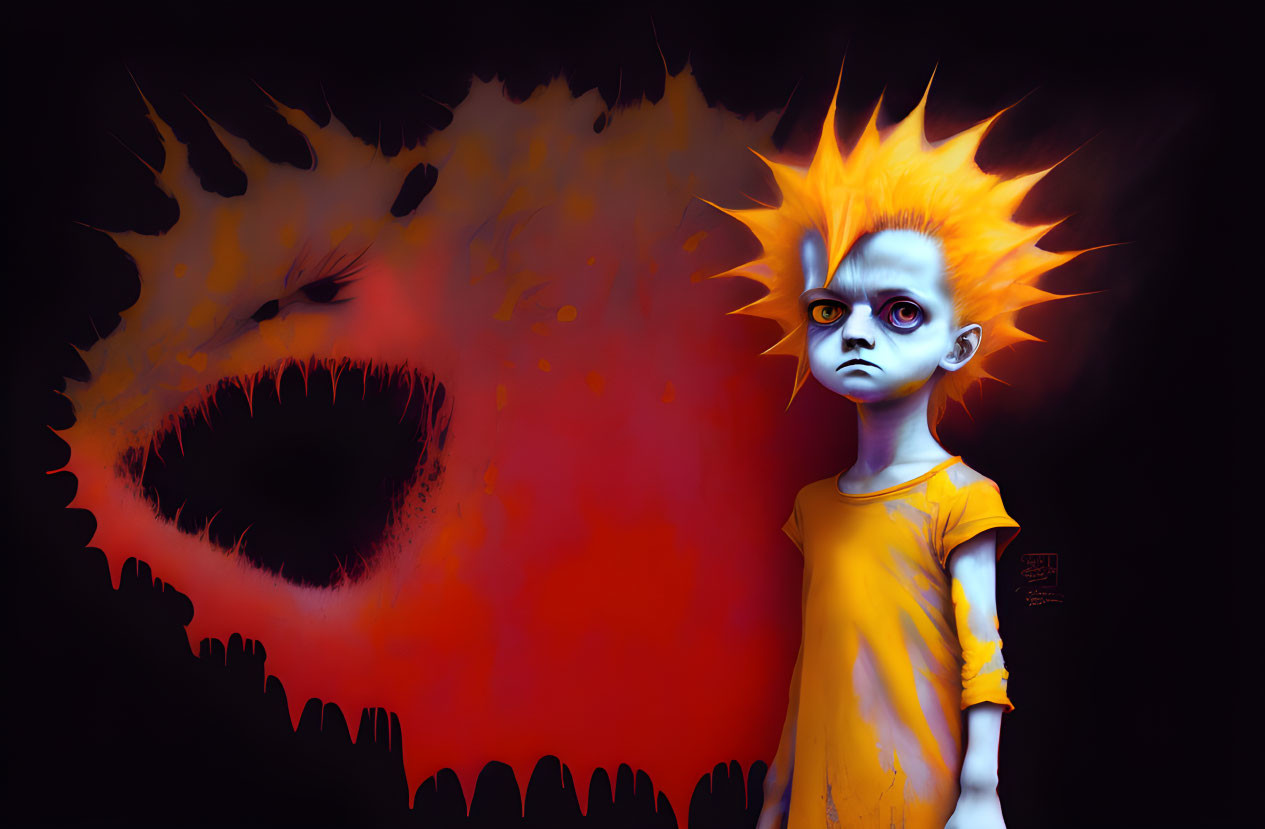 Child with Spiked Hair Beside Fiery Beast Illustration