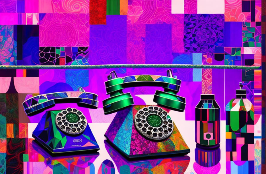 Vivid Abstract Art: Vintage Rotary Telephones & Colorful Shapes