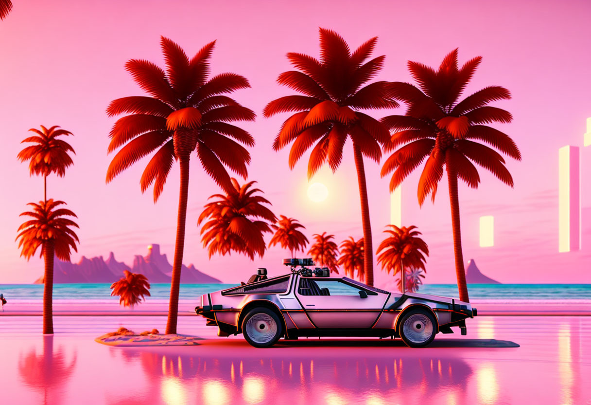 Vintage DeLorean Car on Pink Beach with Palm Trees and Purple Sunset