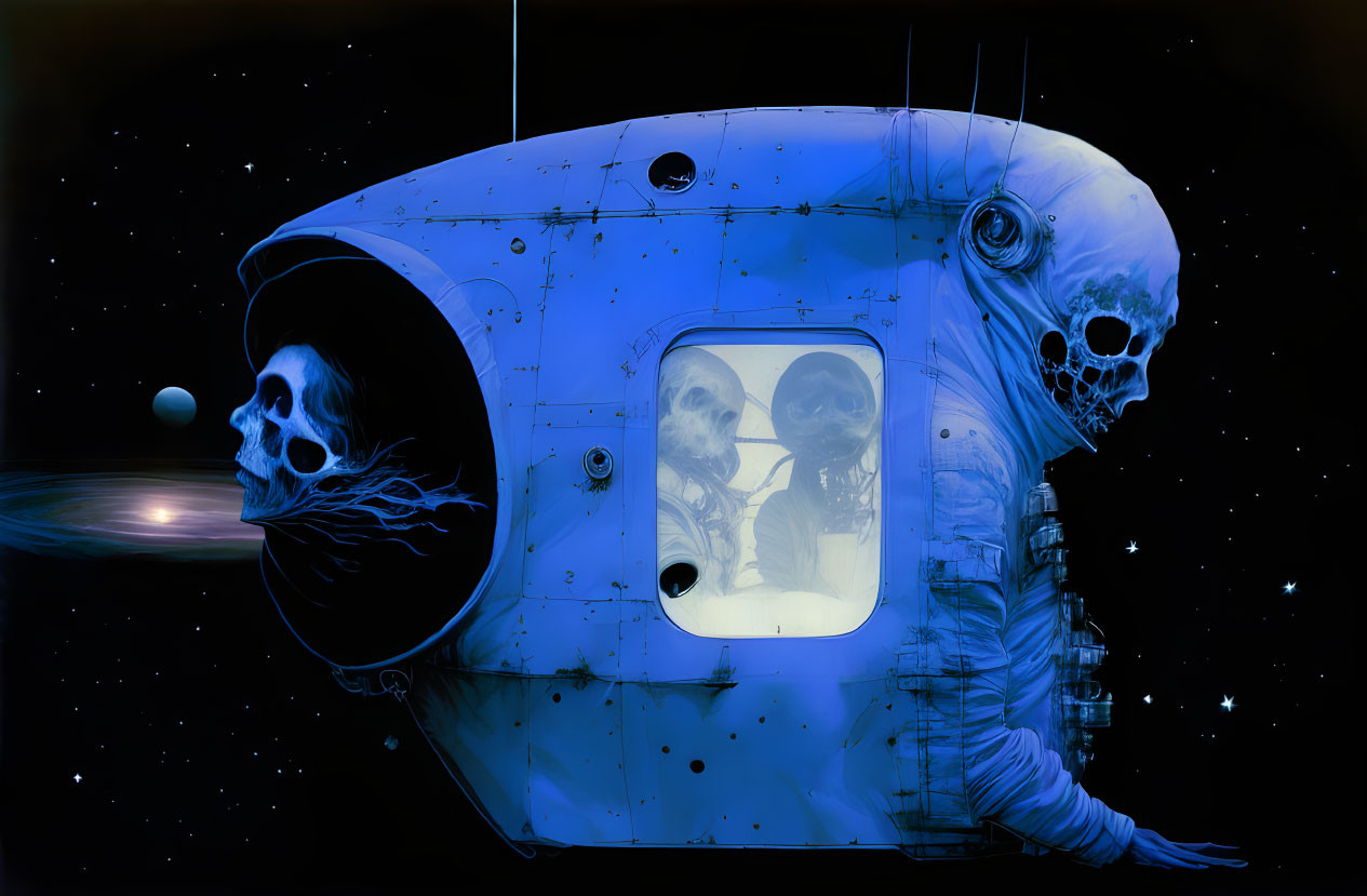 Skull-faced astronaut in blue spacecraft with skeletal fish in surreal space scene