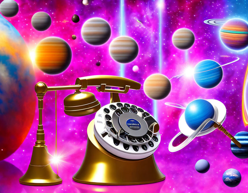 Vintage Gold Rotary Phone in Cosmic Space Scene