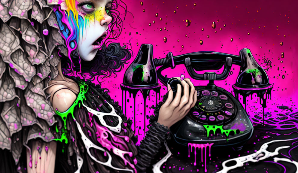 Colorful Surreal Illustration: Tearful Figure with Melting Vintage Telephone