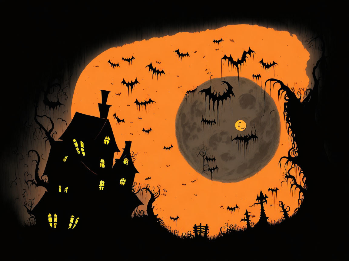 Haunted house, bats, full moon, graveyard: Halloween-themed illustration