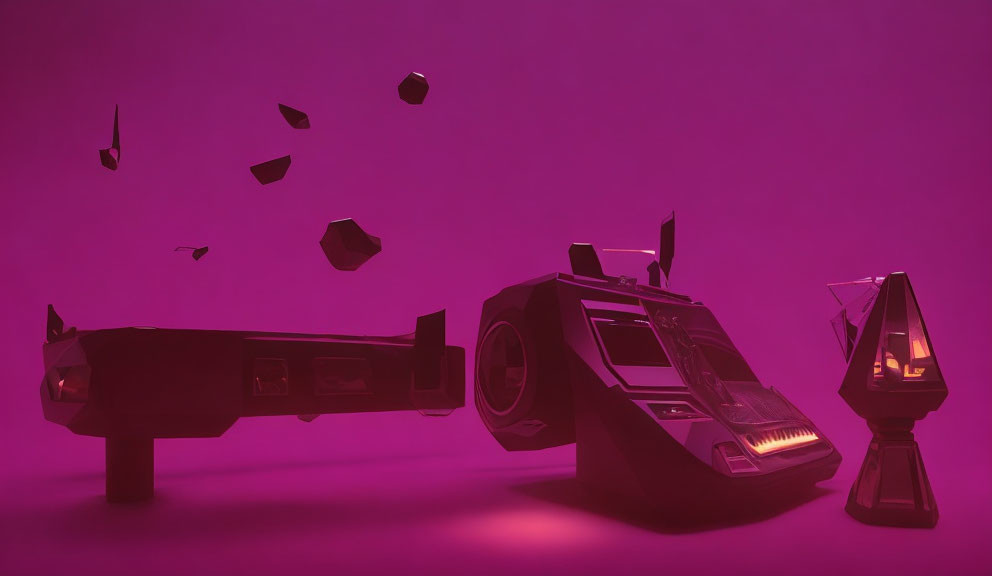 Camera parts floating on purple background with moody glow