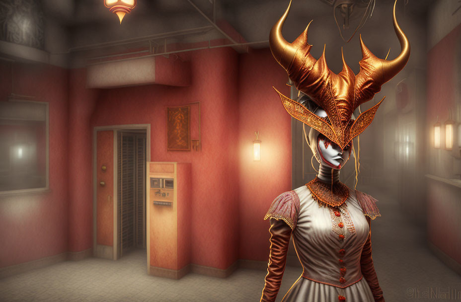 Masked figure with large horns in vintage-style corridor with pink walls, elevator, and lamp