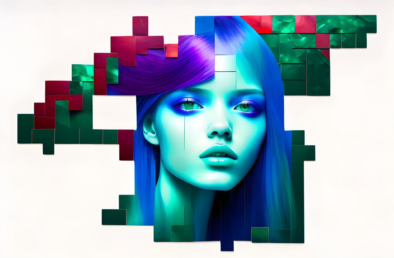 Multicolored pixelated extensions on woman's face in digital artwork