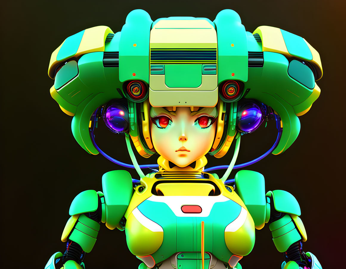 Colorful futuristic robot with human-like face and intricate mechanical details