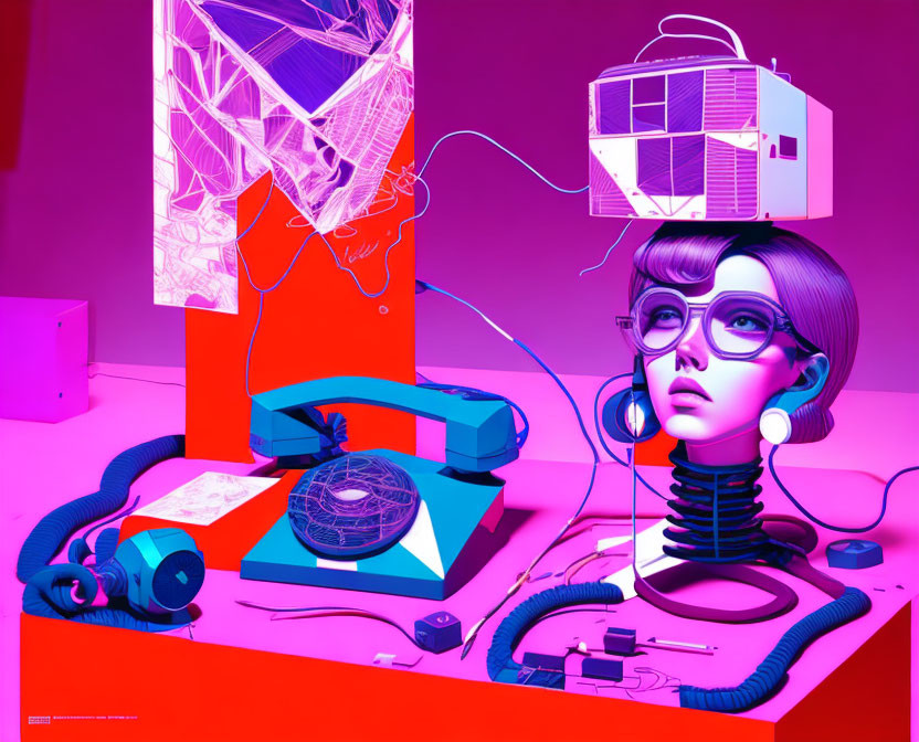 Colorful Artwork Featuring Stylized Female Figure & Retro Technology