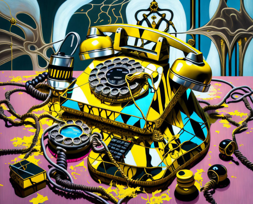 Surreal painting featuring melted rotary phones and checkerboard pattern