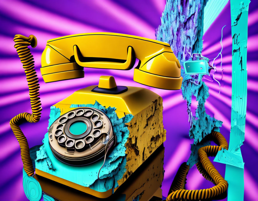 Colorful illustration: yellow rotary phone with blue corrosion on torn cord, set against purple and pink abstract