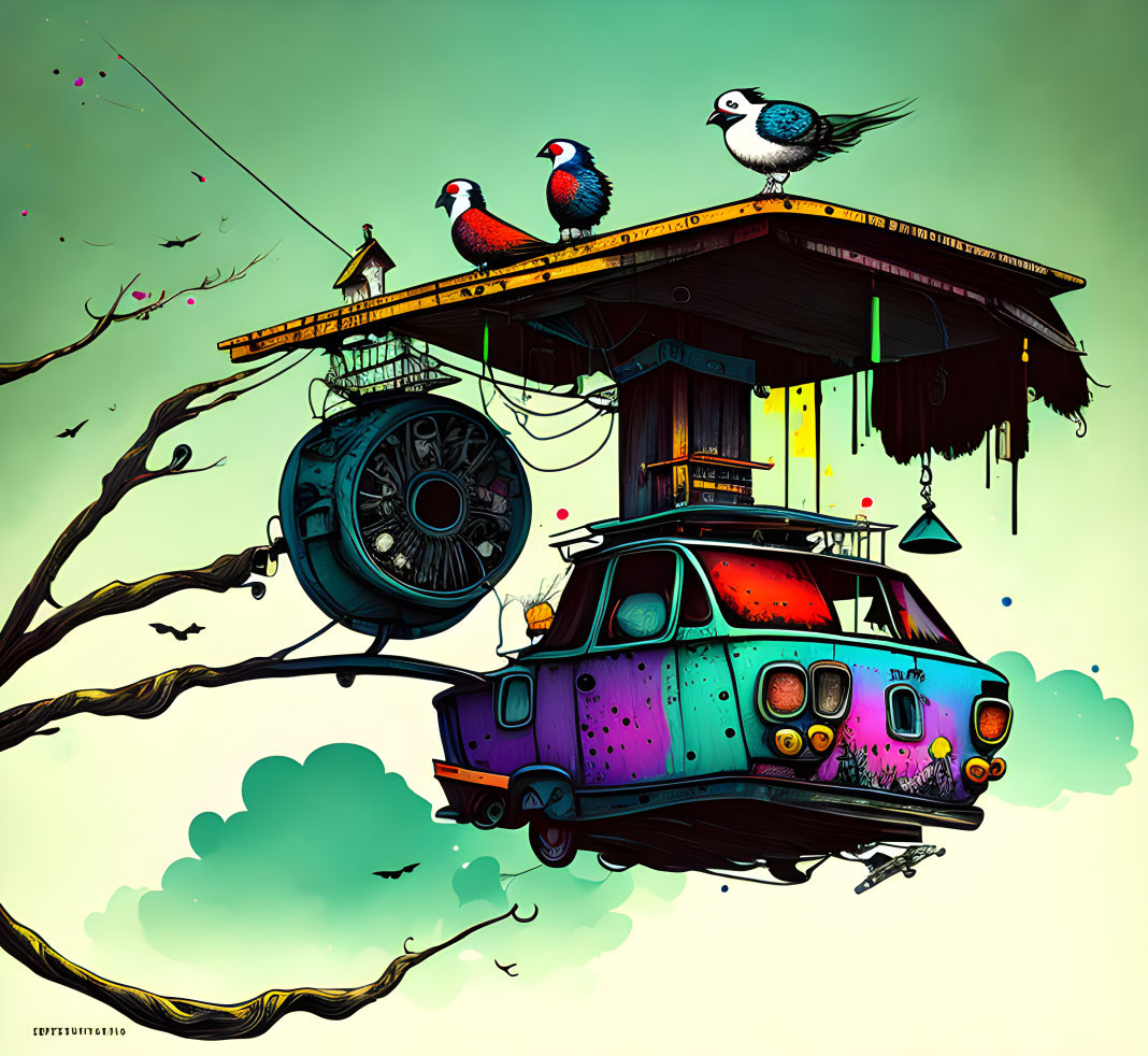 Colorful house on vintage car, tree suspended, birds and propeller.