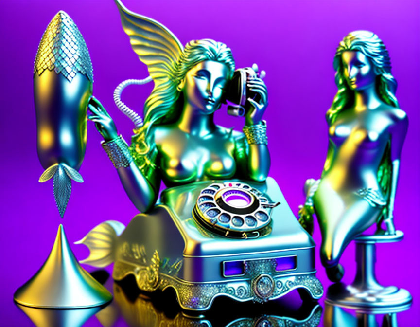 Metallic mermaids, old-fashioned telephone, rocket, geometric shapes on iridescent purple background