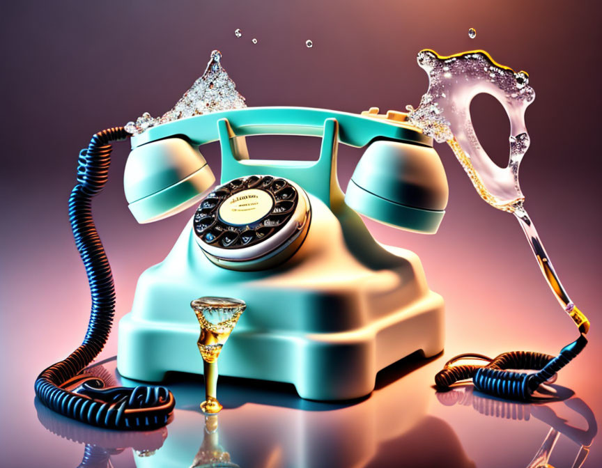 Vintage Turquoise Rotary Phone with Lifted Handset and Splashing Liquid Movement