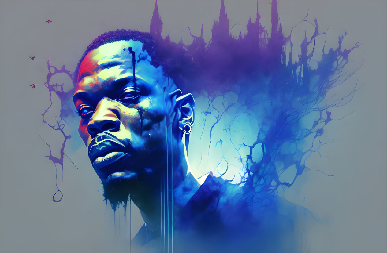 Vivid Blue and Purple Profile Art with Ink Splatter Effects