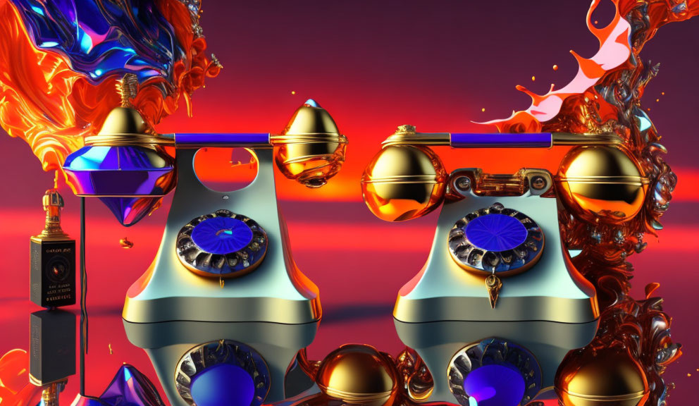 Vibrant 3D Artwork: Gold & Silver Vintage Phones, Liquid Flames, Red &