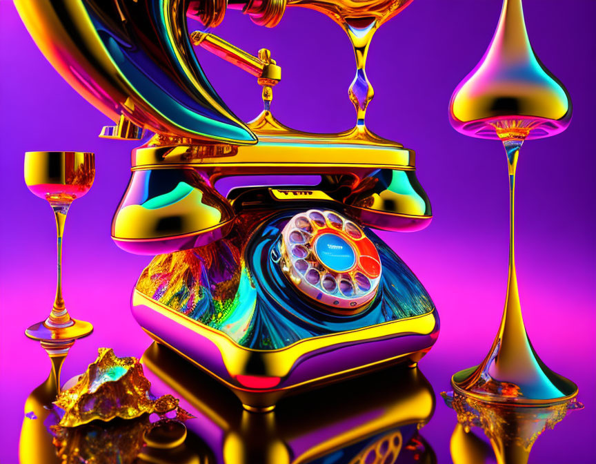 Colorful Gold Rotary Telephone on Purple Background