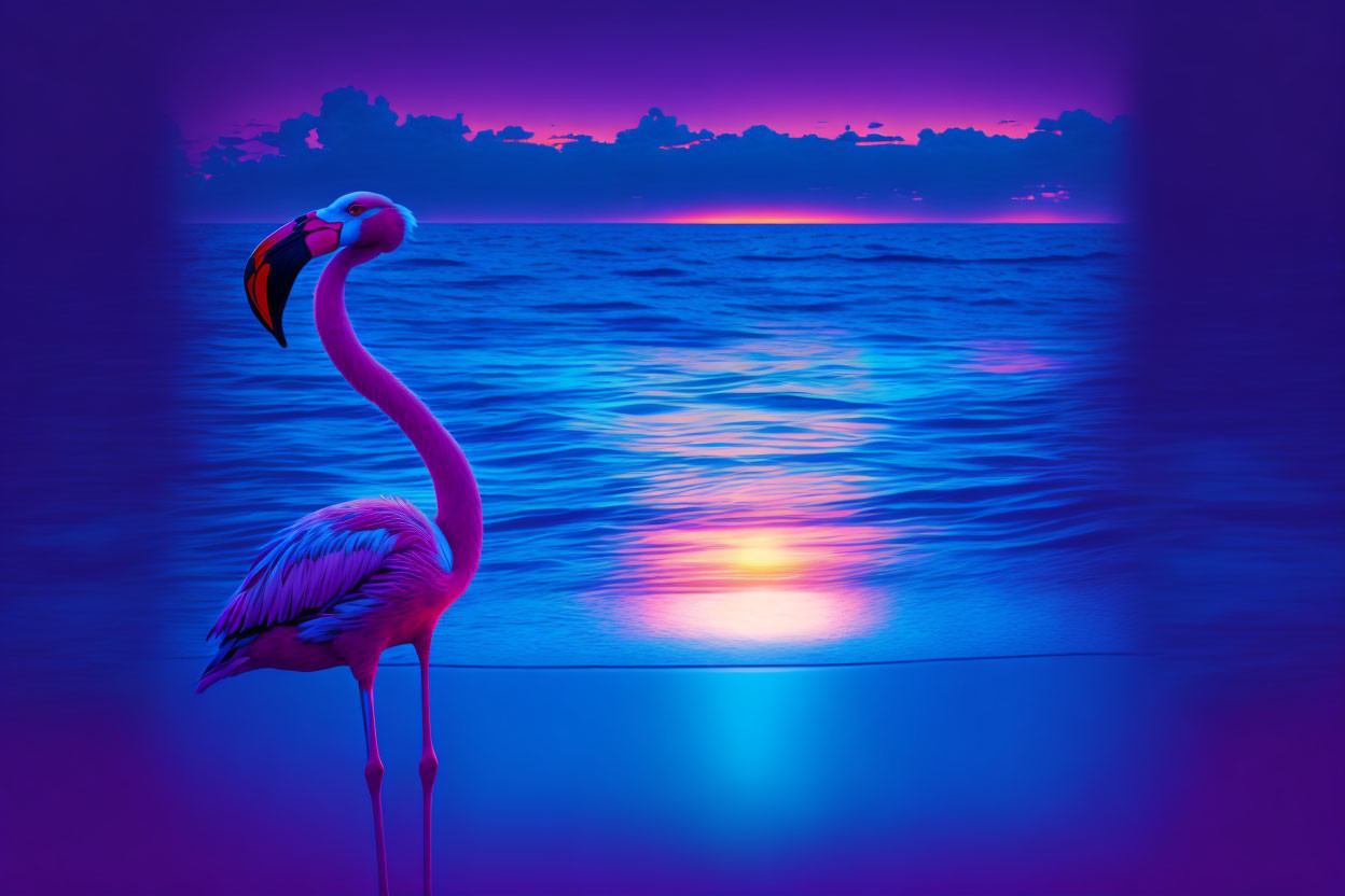 Colorful flamingo by calm sea at sunset with purple and pink hues