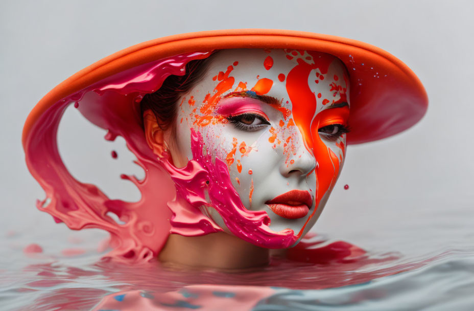 Woman's face partially submerged in vibrant orange liquid splashing around