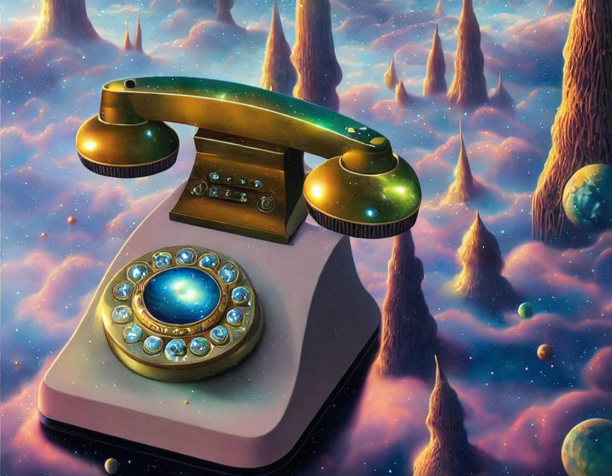 Surreal illustration of vintage rotary phone with jewels on alien landscape